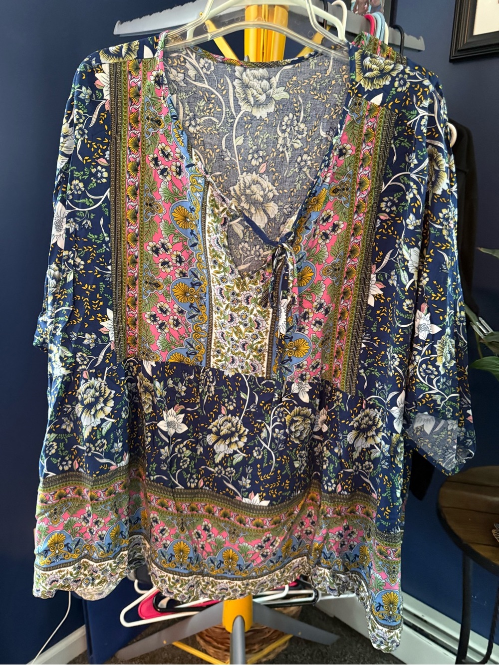 Boho Floral V-Neck Tunic Top in Navy with Pink Accents